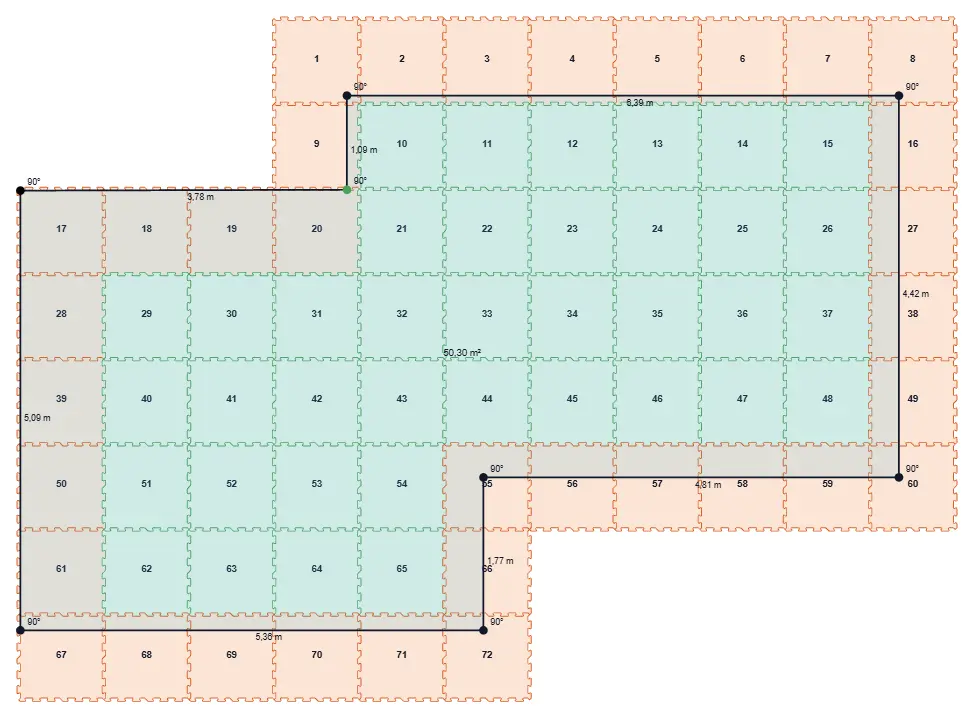 Beispielhafter Grundriss mit eingezeichnetem Raster aus Puzzlematten – Verlegeplan